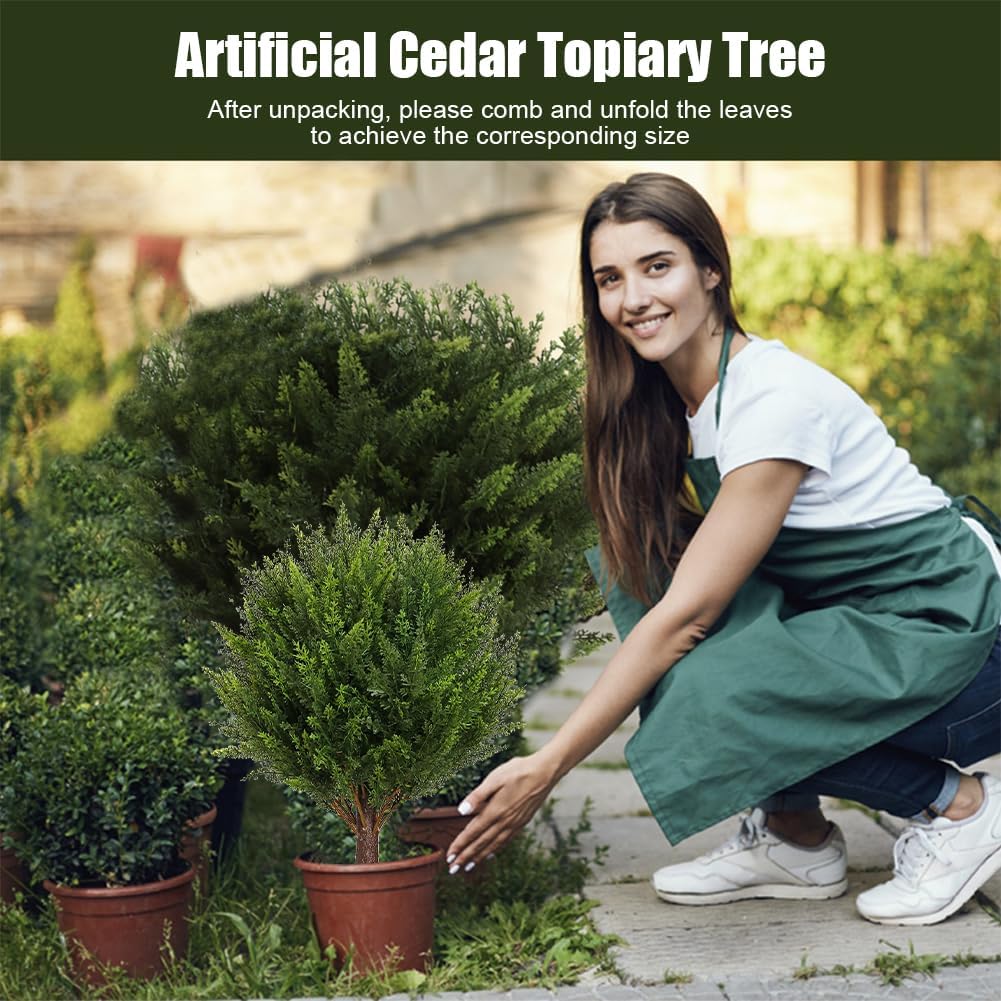 Artificial Cedar Topiary Ball Trees for Outdoors, 19" UV Resistant Lifelike Faux Cypress Plants with Ground Spike, Large Fake Evergreen Shrubs Bushes for Porch Front Garden Home Decor (1 Pack)