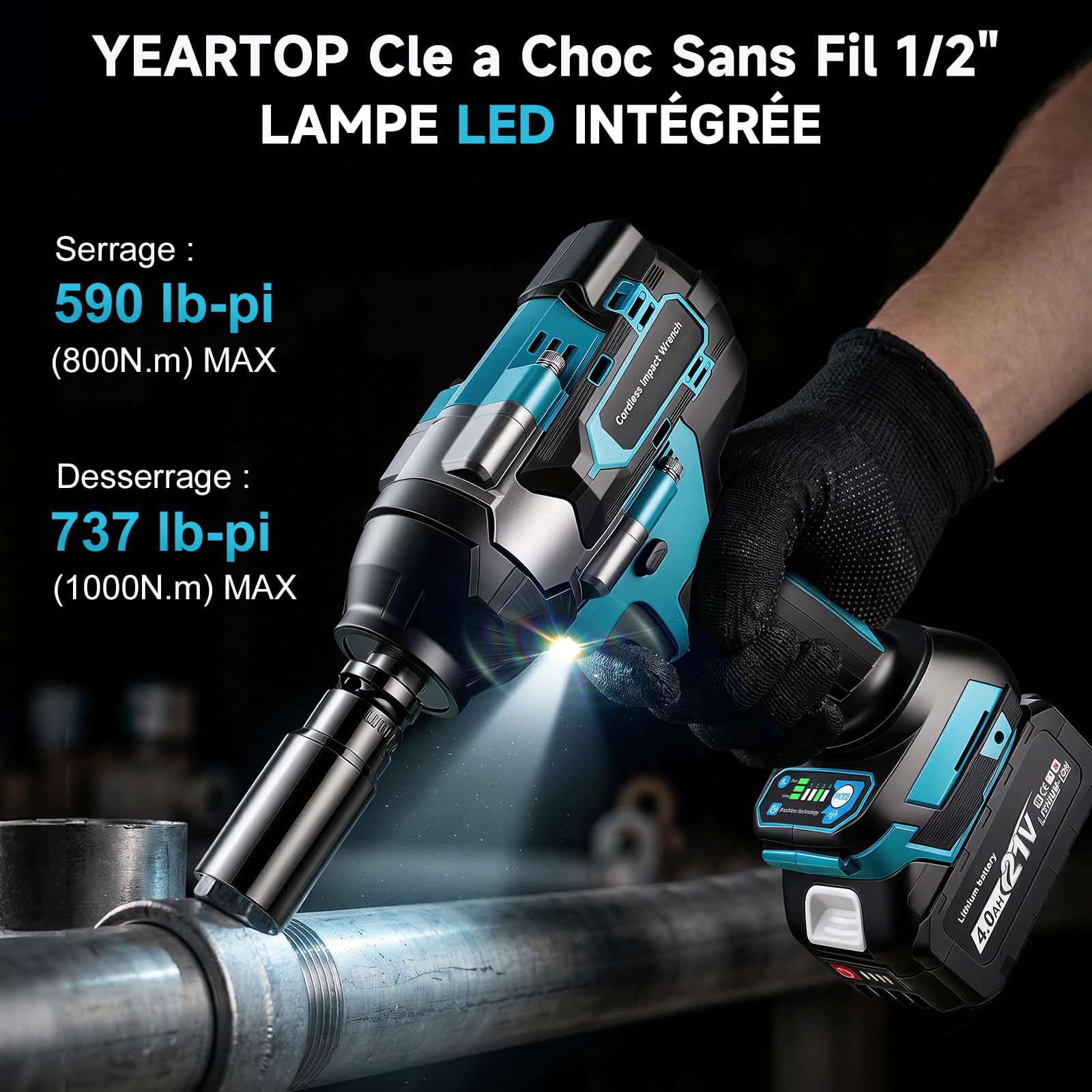 YEARTOP 21V Clé à Choc Sans Fil Desserrage 1000 Nm pour Changement de Pneus