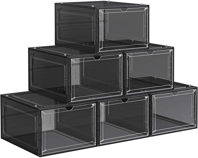 SONGMICS Shoe Boxes, Plastic Shoe Storage Organisers with Clear Doors, Set of 6, Stackable, Easy Assembly, 27 x 34.5 x 19 cm, up to UK Size 10, Black LSP032B06