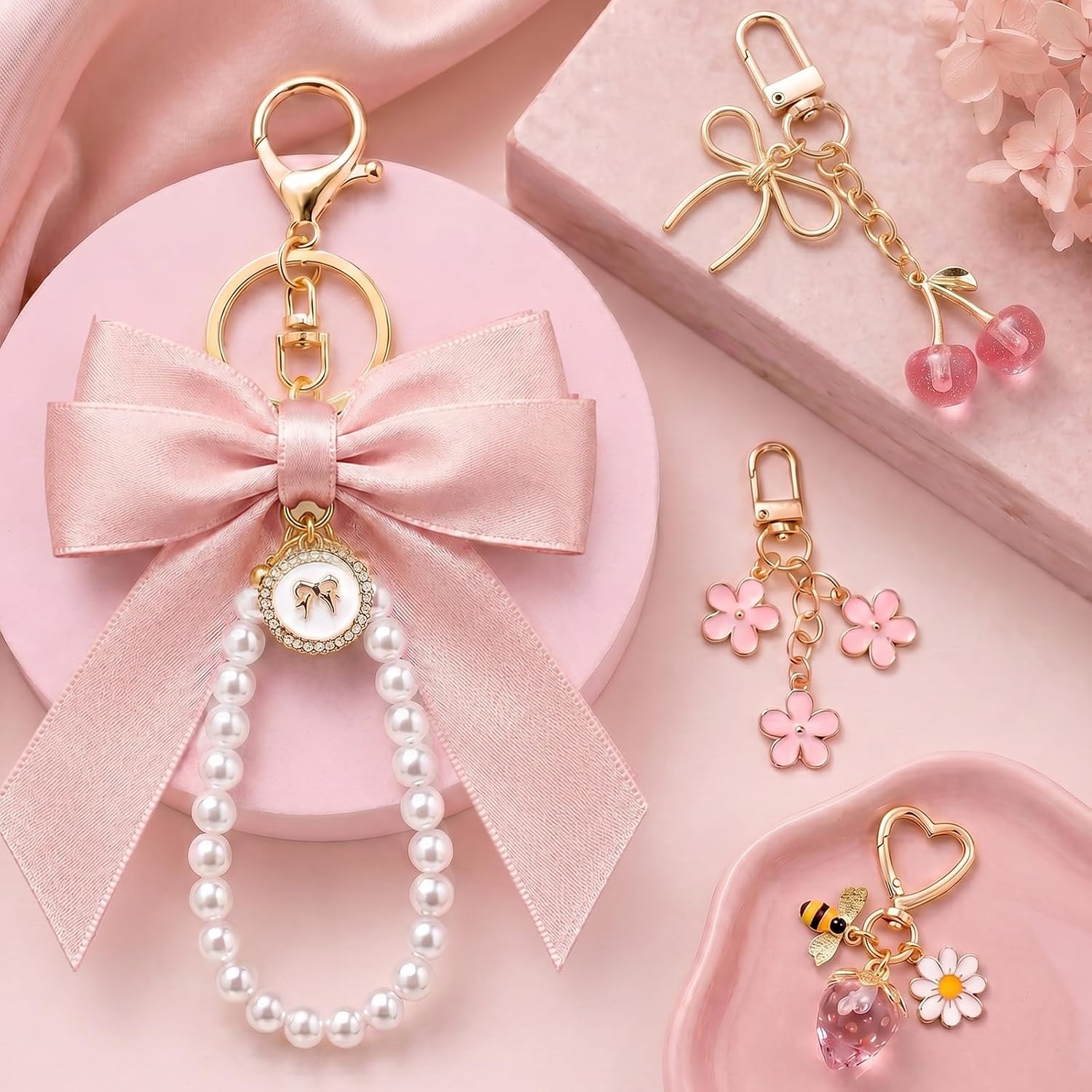 4 Pcs Bag Charms for Handbags Cute Cherry Bow Flower Strawberry Keychain for Women Purse Handbags Backpack