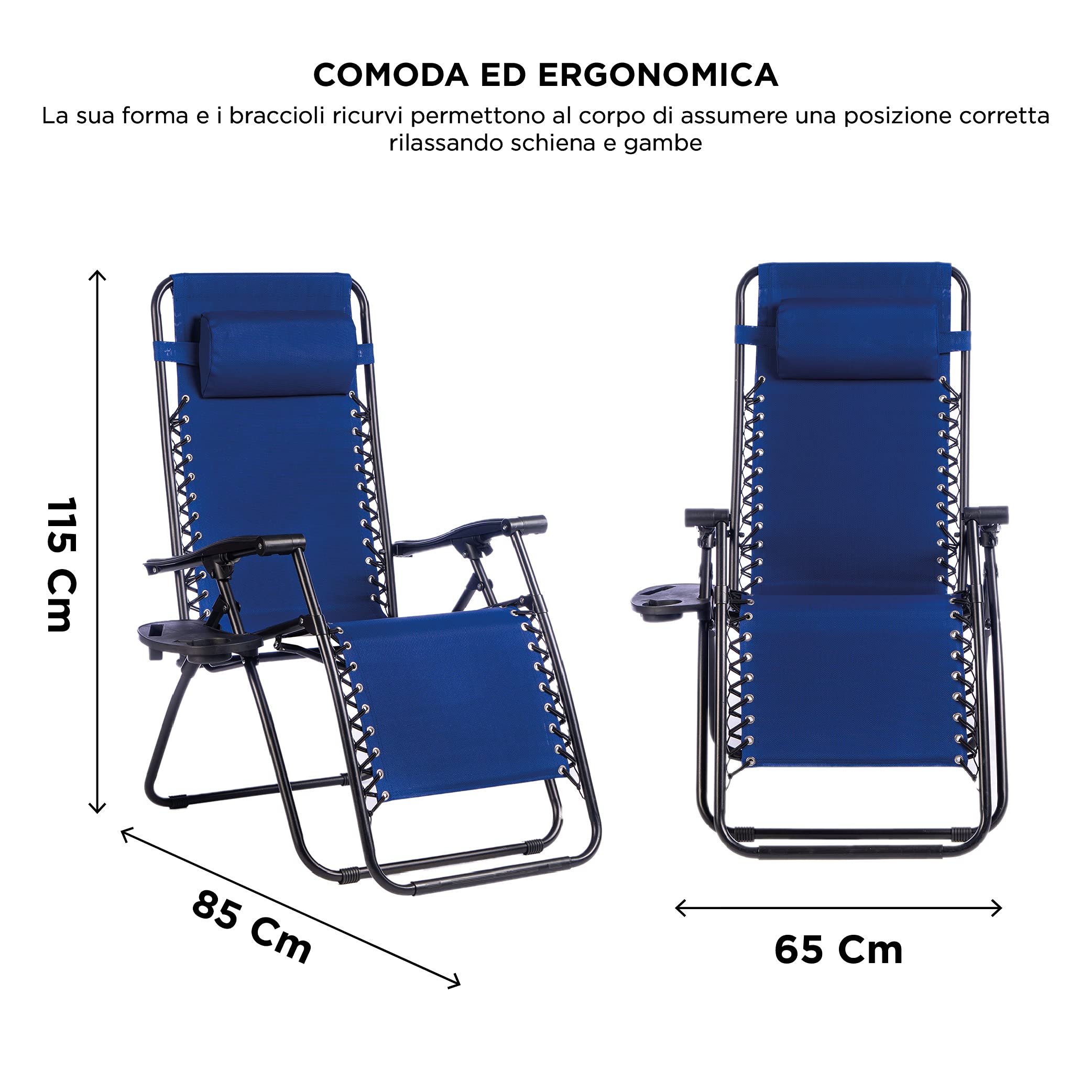 Hortan Poltrona Sdraio Relax Reclinabile Con Cuscino Imbottito, Tavolino Portaoggetti, Seduta In Tessuto Textilene E Struttura in Acciaio Con Tubolare Rinforzato, Per Casa, Terrazzo e Giardino