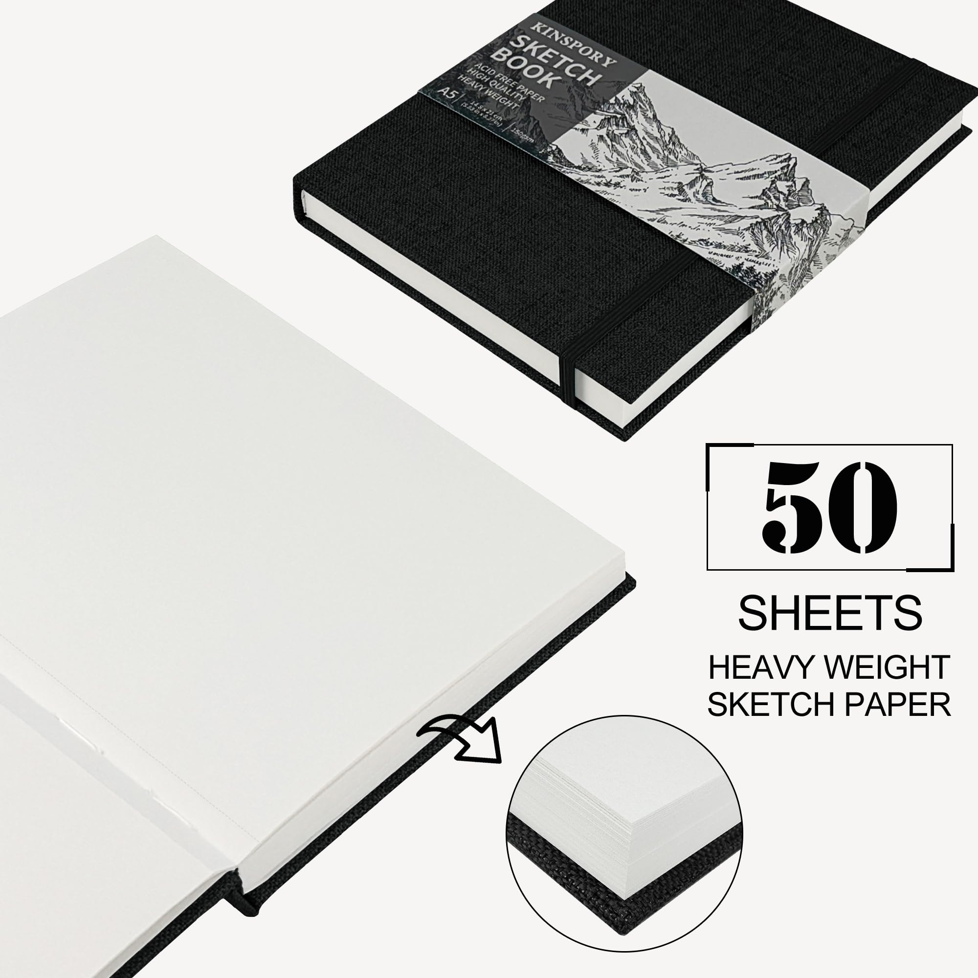KINSPORY Cuaderno de Bocetos en Tela con Tapa Dura, Bloc de Dibujo, 50 Hojas) Papel de Boceto Perforado Profesional 150 g/m², Bloc de Dibujo de Viaje para Artistas, Adultos (negro, A5 (50 Hojas))