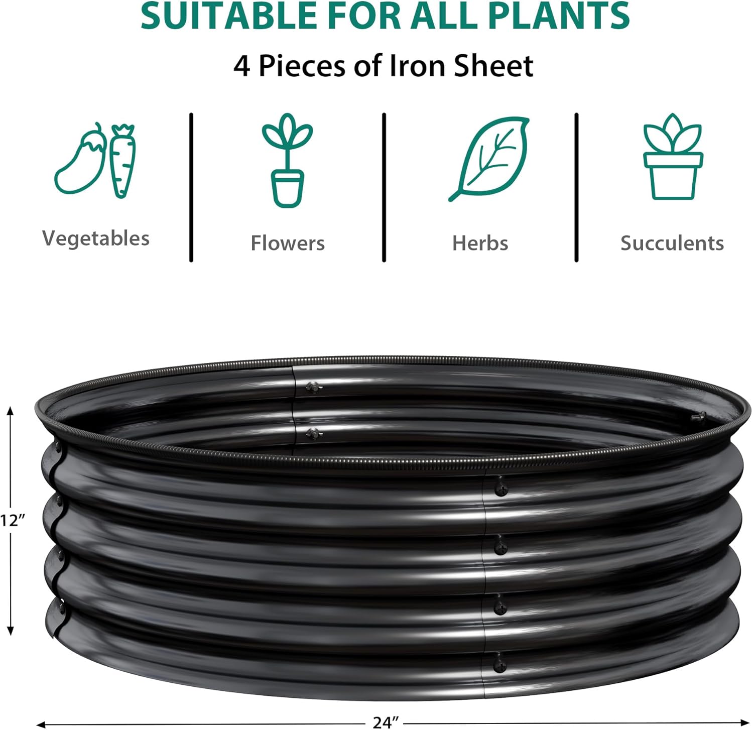 Round Raised Garden Bed, 3PCS 2 x 1ft Galvanized Raised Boxes with Rust-Resistant, Easy Assembly, Safe Edge, Metal Garden Bed Kit for Planting Vegetables, Fruits, Flowers, Black