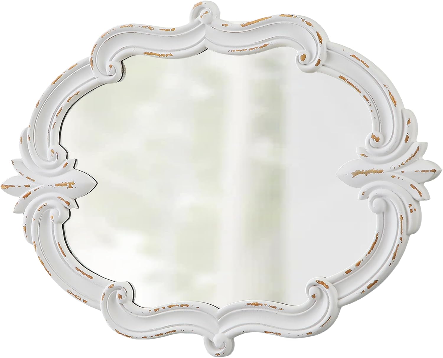 Rustic Oval Mirror 30 X 22 Inch, Hanging Distressed White Scalloped Wood Frame Fleur De Lis Mirror for Wall Decor Living Room Bathroom Bedroom Entryway, Horizontal or Vertical