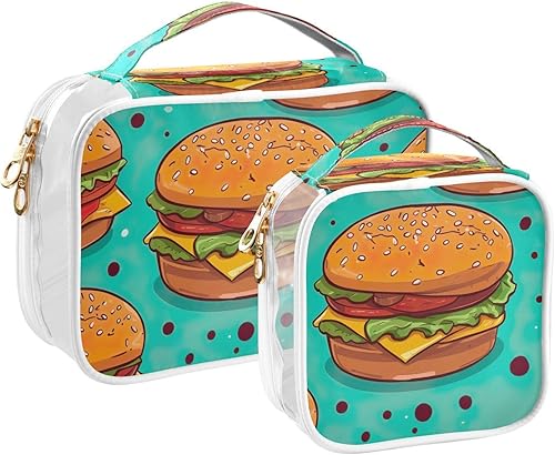 Funny Hamburgers - Neceser transparente para viajar, paquete de 2 bolsas de cosméticos de maquillaje con cremallera, bolsa de viaje para artículos