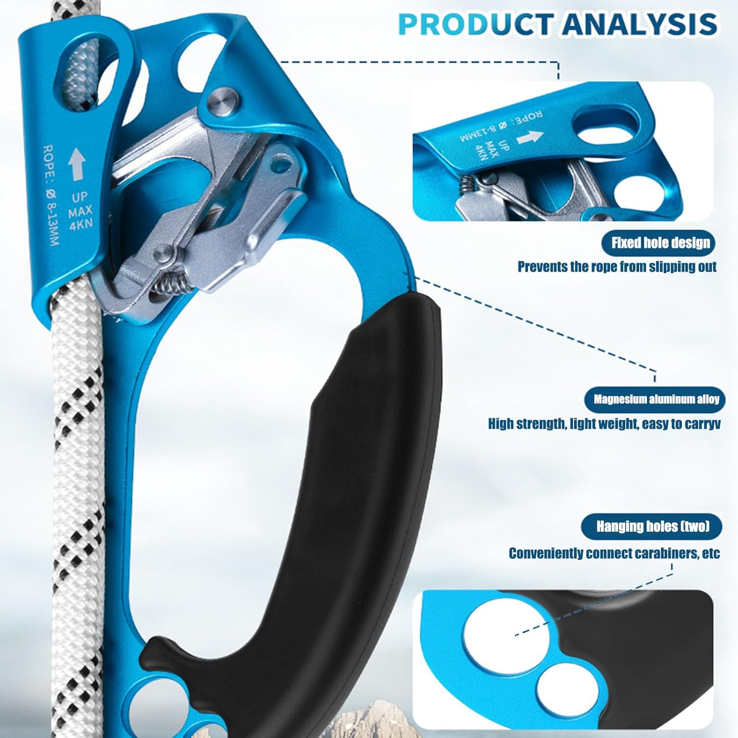 Generic Climbing Left Right Hand Ascender,Quick Roll Ascender,Anti-Slip Handle Ascenders,for Rock Climbing Tree Arborist Tree Climber Rigging Rescue Caving(for 8~13 mm Rope), 19*9cm/7.5*3.5in, Blue