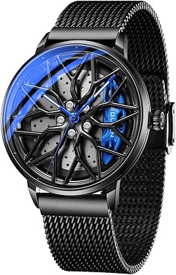 Men's Car Watches, Stylish Racing Style Dial Wheel Rim Watch, Casual Analog Rotating Dial Men's Wrist Watch with Japanese Quartz, Luminous Function & 30M/3ATM Waterproof, Luxury Gift for Car Enthusiast - 42.5mm
