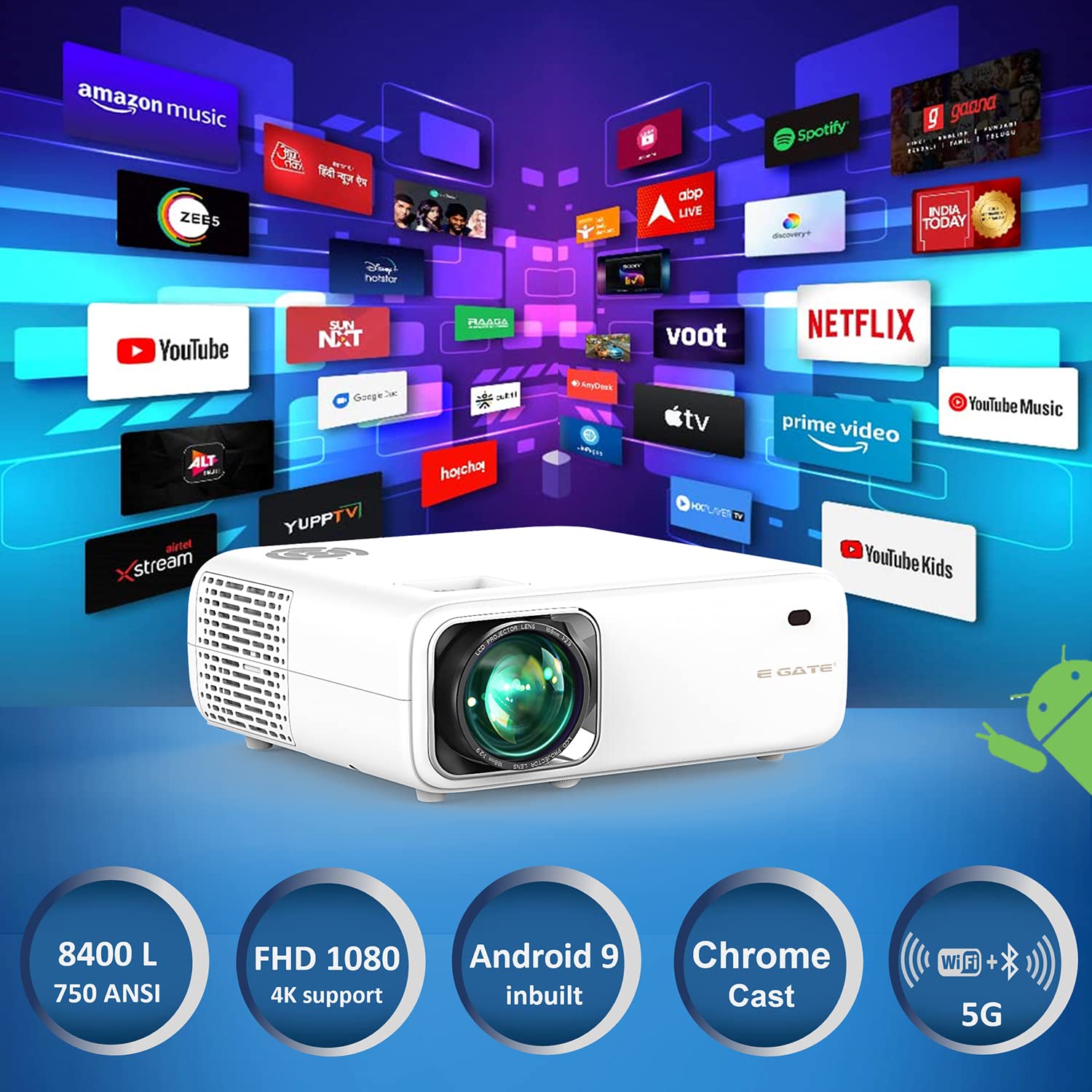 EGate L9 Pro Projector displaying various streaming app icons