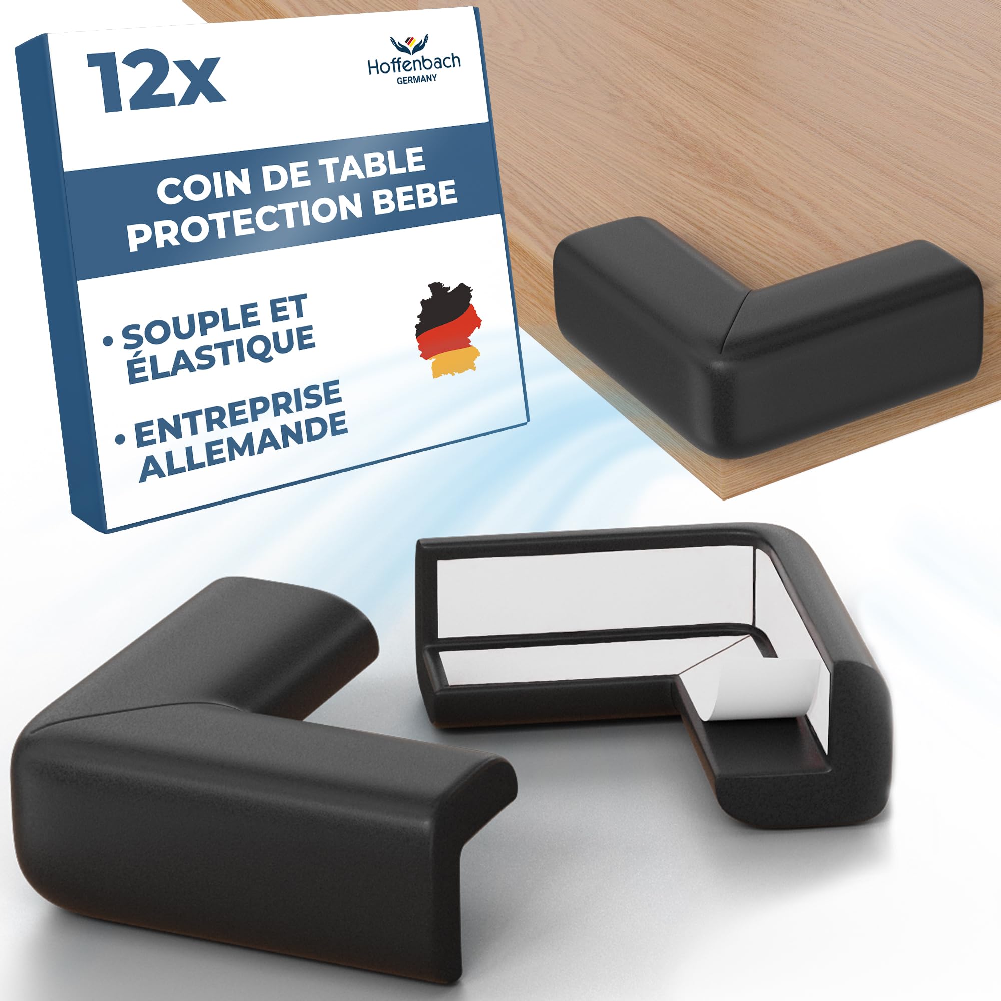 Hoffenbach 12x Protection pour Bébé – Coussin de Sécurité en Mousse Adhésive pour Angles de Table, Bureau et Étagères – Protège-Tête pour Enfant – Noir