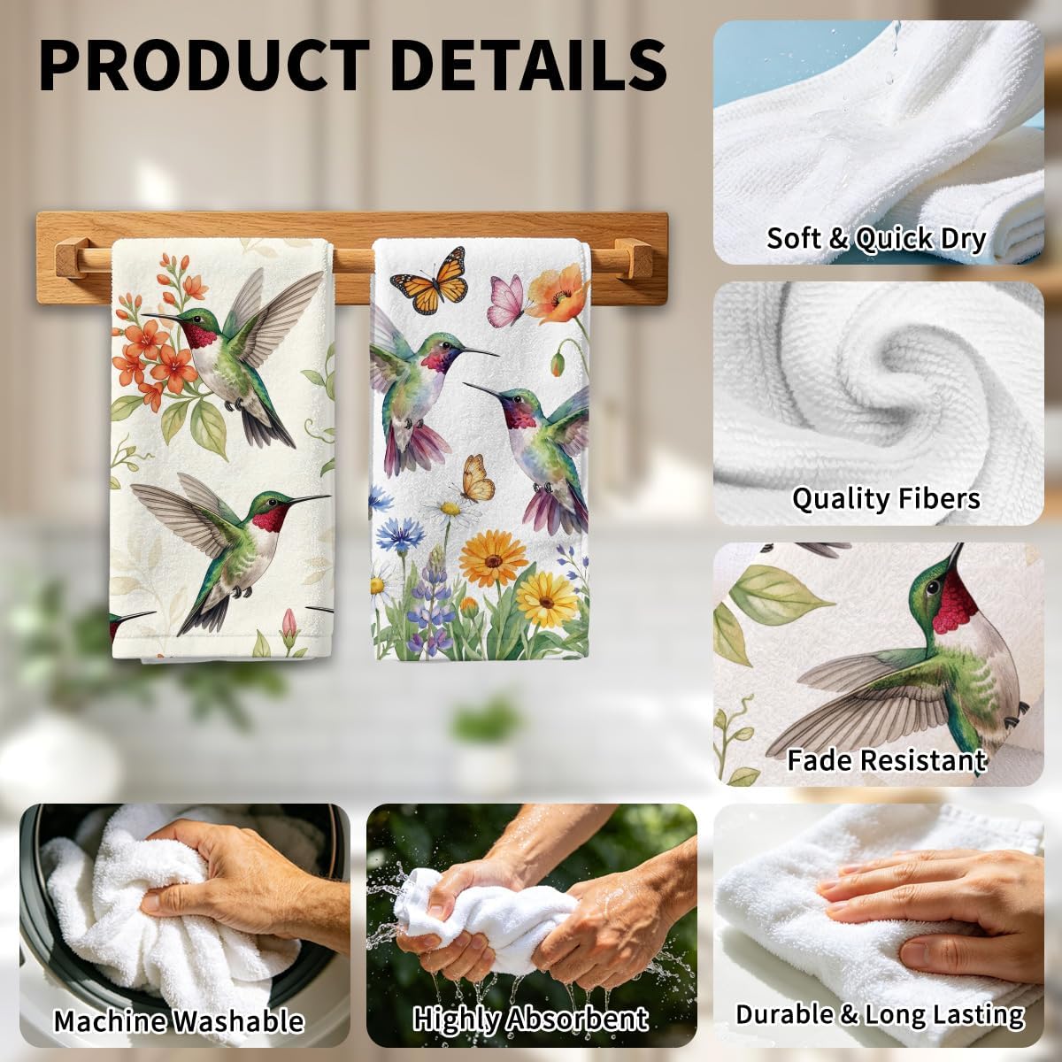 MAYJOYDIY 4 Pcs Bird Kitchen Towels Hummingbird Flower Hand Dish Towels image 4