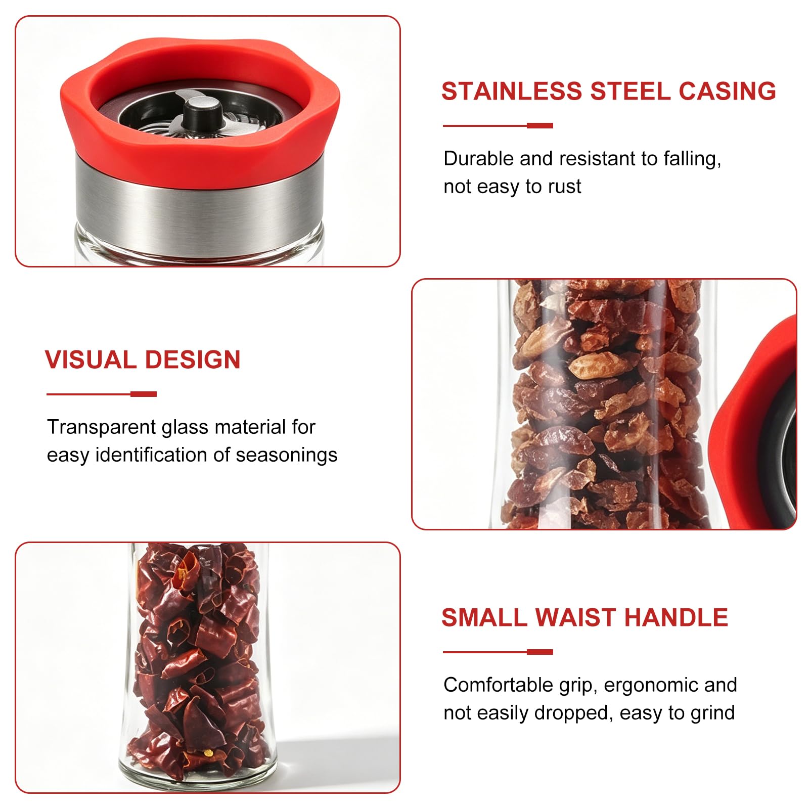 Chilimühle Edelstahl & Glas: 2 Stück 150ml Chilischneider für grobe Gewürze & Trockene Chilis, Chilimühle für Küche und Haushalt, Gewürzmühle Kräutermühle, Gewürzschneider Schneidwerk