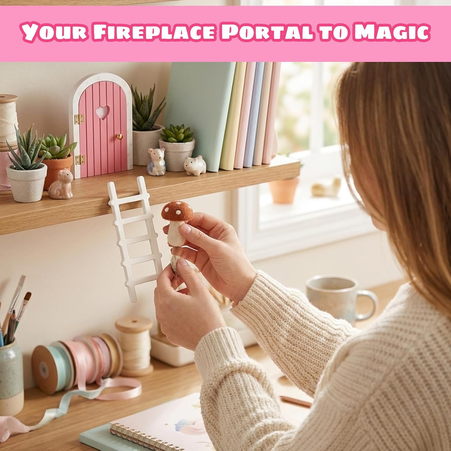Fairy Door for Wall, Fairy Door, Pink Wooden Fairies Doors with Ladder and Cute Mouse, Creative Fairy Garden Decor for Men and Women Tool Spaces and Holiday Decorating
