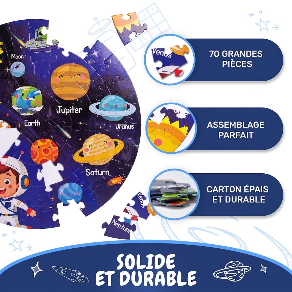 Puzzle Système Solaire en Bois - DRFEIFY - Jouet Educatif pour Enfants de 8 ans - Orbite et 8