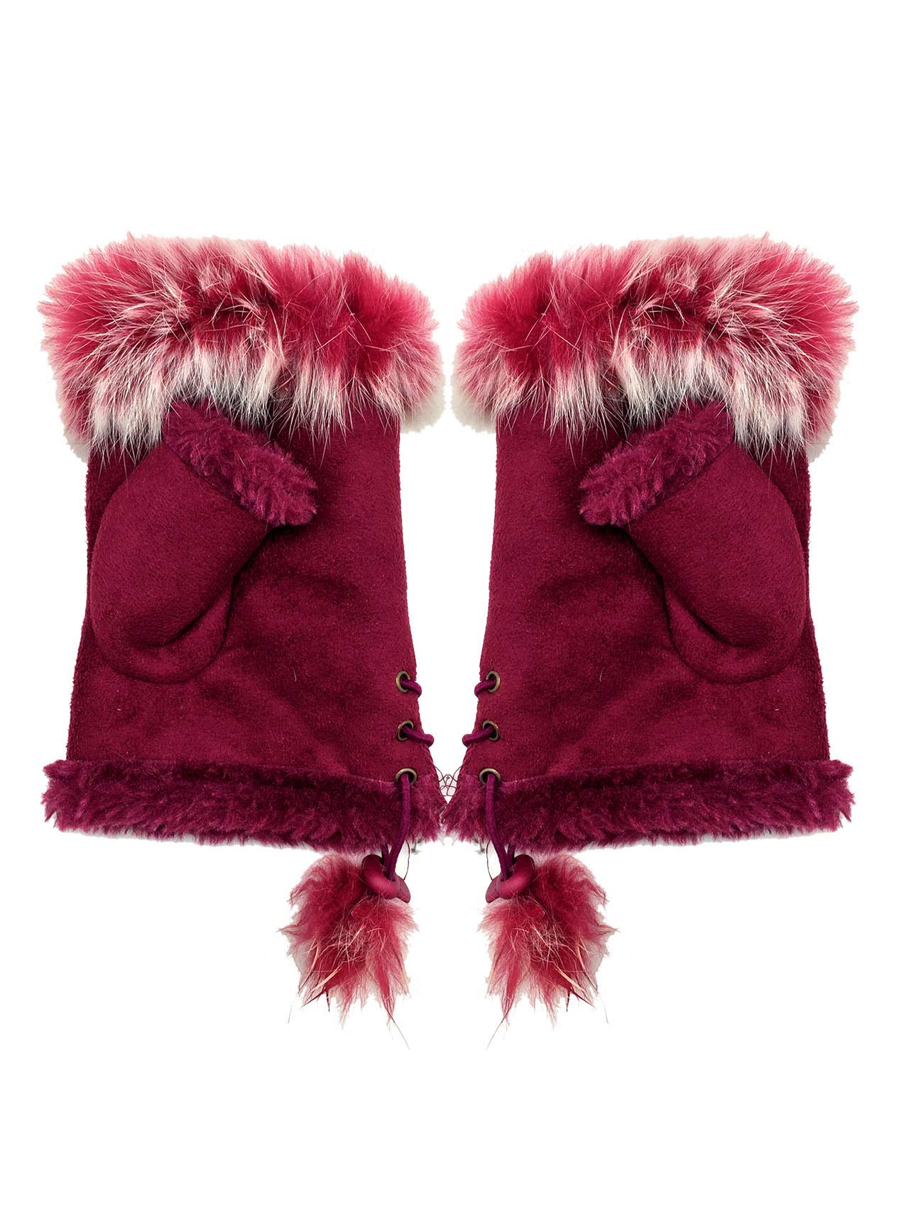 Finecy In NEW Womens Ladies Fluffy Fur Fingerless Gloves Mittens Micro Suede Fur Lined Soft Warm Winter Red
