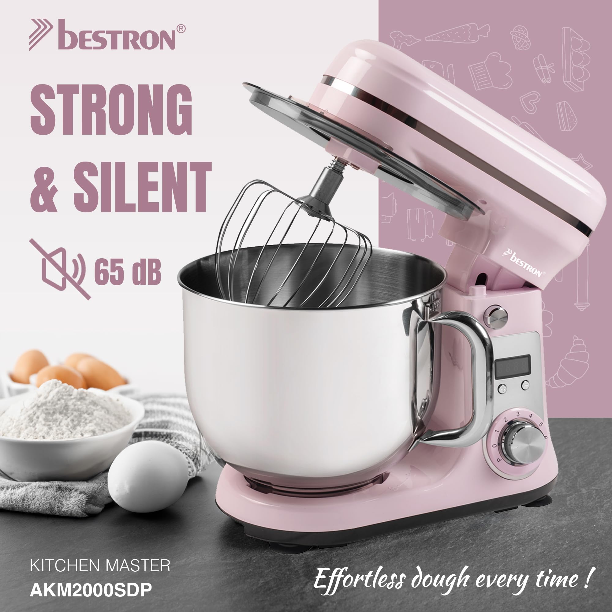 Bestron Robot da cucina Super Silent (65db) 4-1 robot da cucina con motore DC, ciotola da 6 litri, con gancio per impastare, frusta e mazza per impasto, 6 livelli di velocità + funzione impulsi,