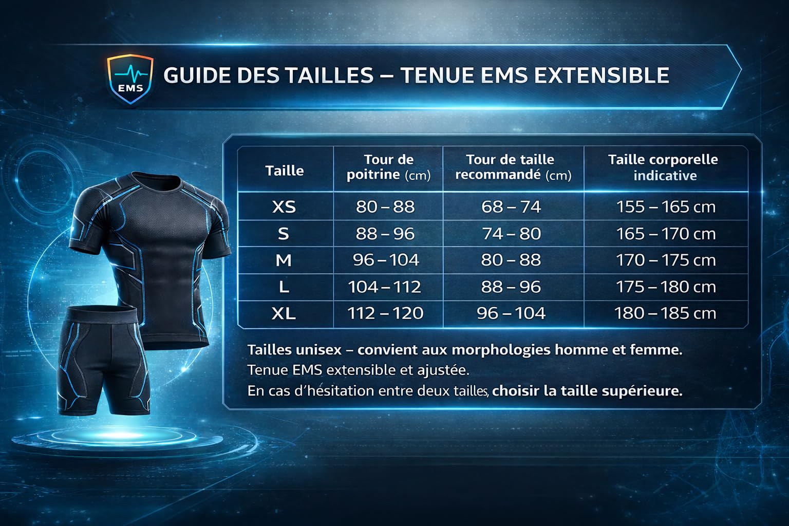 Générique BODYFIT+ Ensemble EMS & Fitness, Textile Haute Technicité avec Fibres Spécifiques, Unisexe, Entraînement Intensif, Différentes Tailles