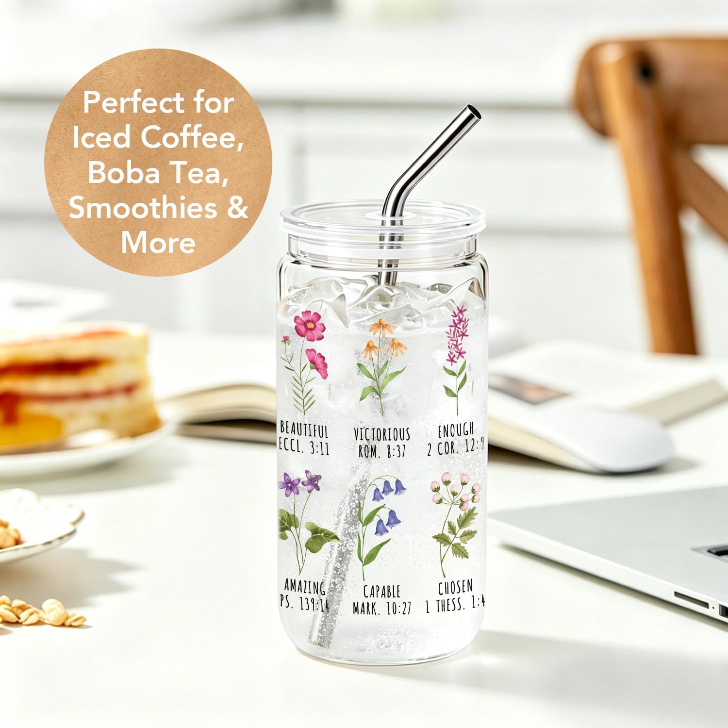 Wildflower Gifts for Christian Women 16 oz Glass Cups with Lids and Straws, Inspirational Scripture Coffee Cup Tumbler for Friends, Mothersday Baptism Birthday Religious Graduation Gifts for Mom Teens