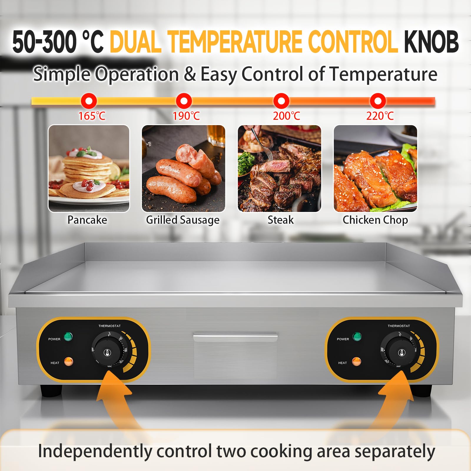 Gastro Grillplatte Elektrisch glatt, Profi Gastro Elektrogrill 73x40 cm, Kommerzielle Elektro grillplatte Edelstahl, Fett-Auffangbehälter 4400W, Doppelte Temperaturregelung & Doppelstecker, für Küche