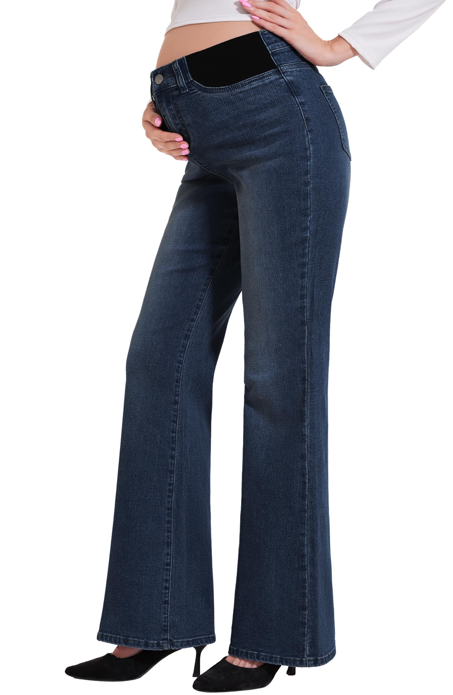 PACBREEZE Womens Maternity Flare Jeans Mid-Rise Stretchy Bell Bootcut Jeans Denim Pregnancy Pants S-XXL