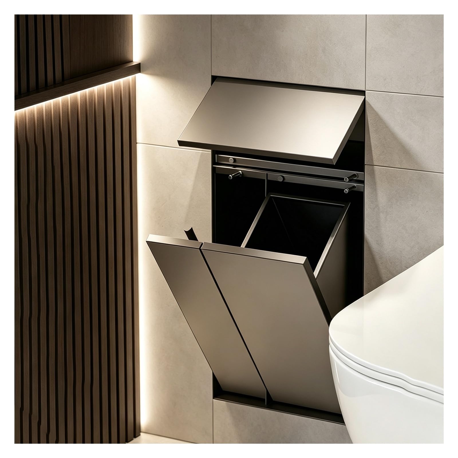 Portarotolo Carta Igienica,Pattumiera Bagno,Portascopino Wc | 4 In 1 Nicchia Doccia Incasso In Acciaio Inox Ad Apertura A Pressione Superficie Piastrellabile Per Bagno Familiare