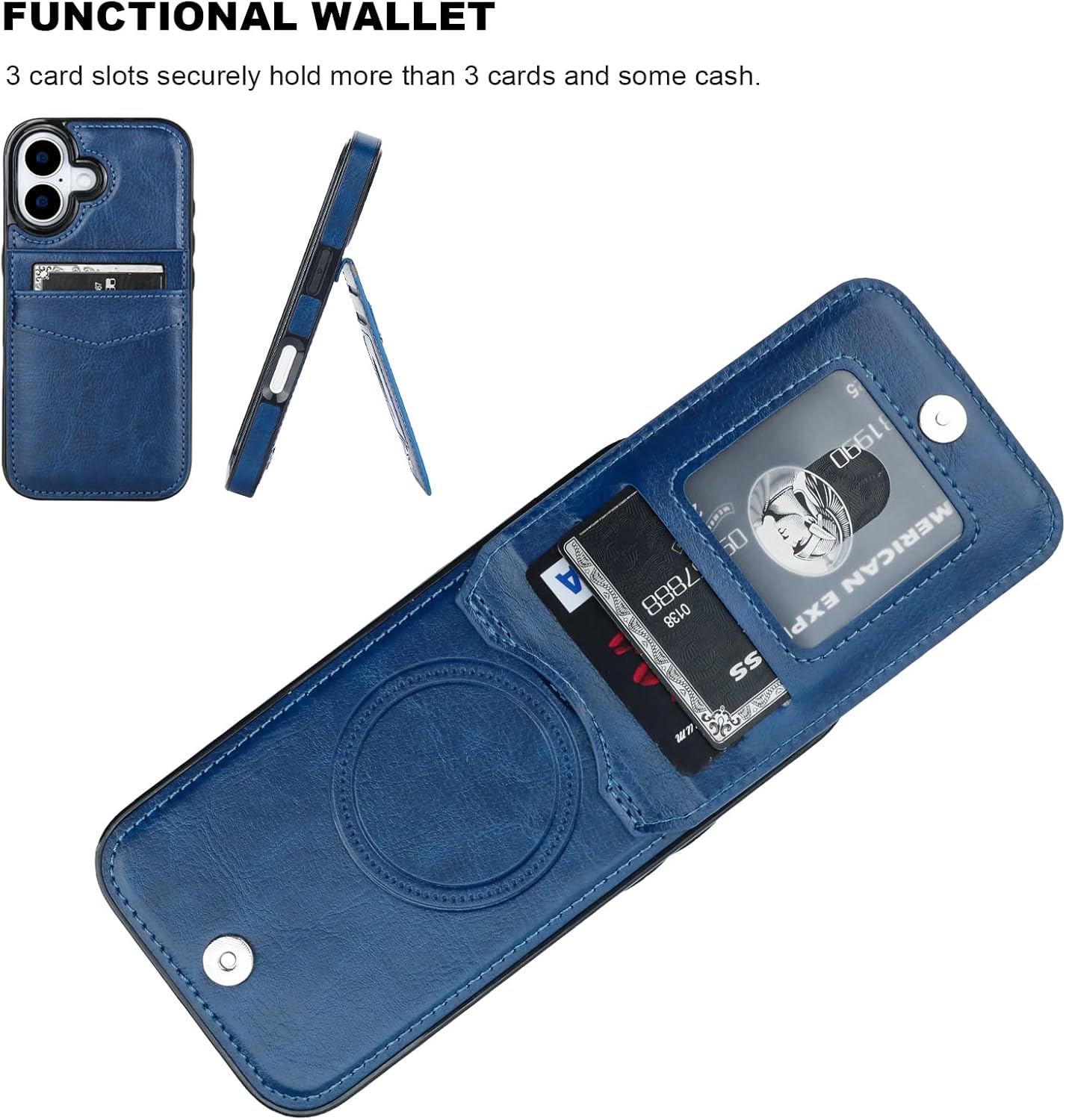 KIHUWEY for iPhone 17 Case Wallet Compatible with MagSafe Wireless Charging, Credit Card Holder, RFID Flip Leather Magnetic Clasp Kickstand Heavy Duty Protective Cover 6.3 Inch (Blue)