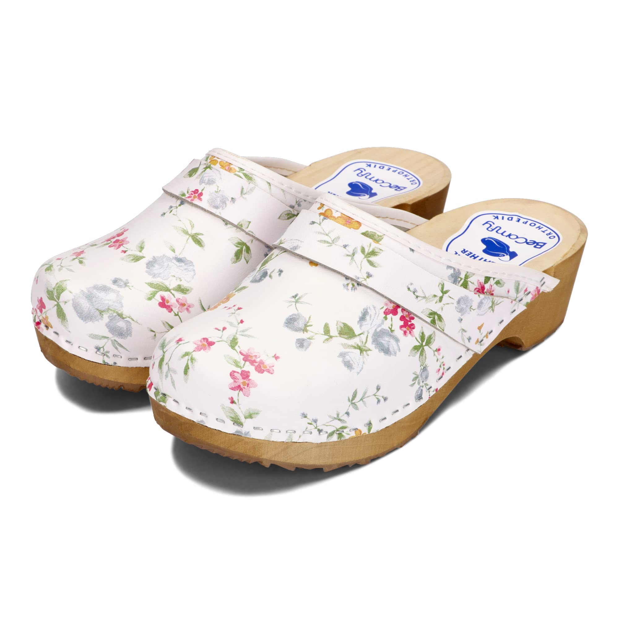 BeComfy Sabots en Cuir pour Femme Mules à Talons en Bois Étoiles Fleurs Colorées Bleu Blanc 35-41 EU