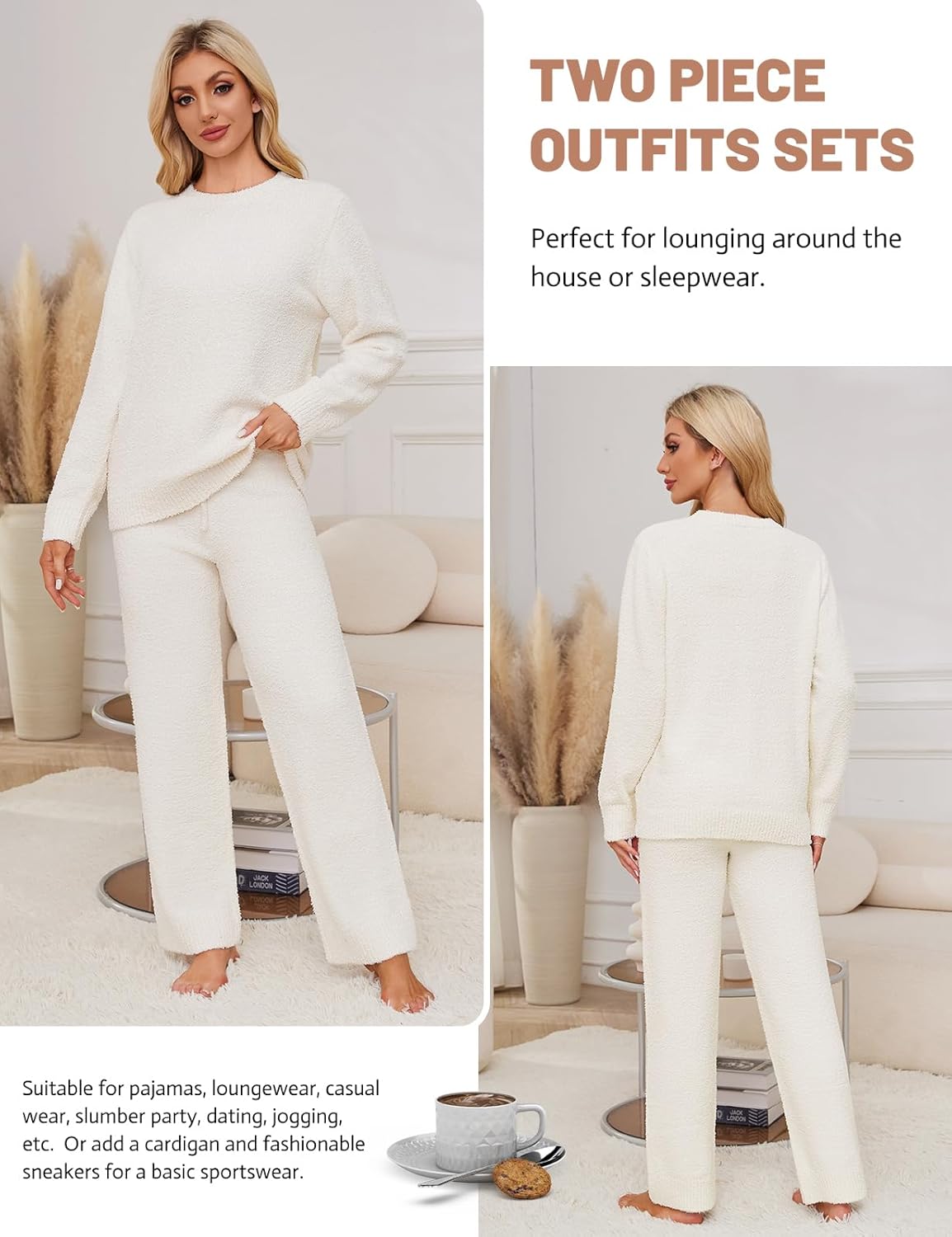 Women's Fuzzy Fleece Pajama Set 2 Piece Long Sleeve Lounge Sets Winter Knitted Pj Loungewear Outfits Sleepwear - Image 3