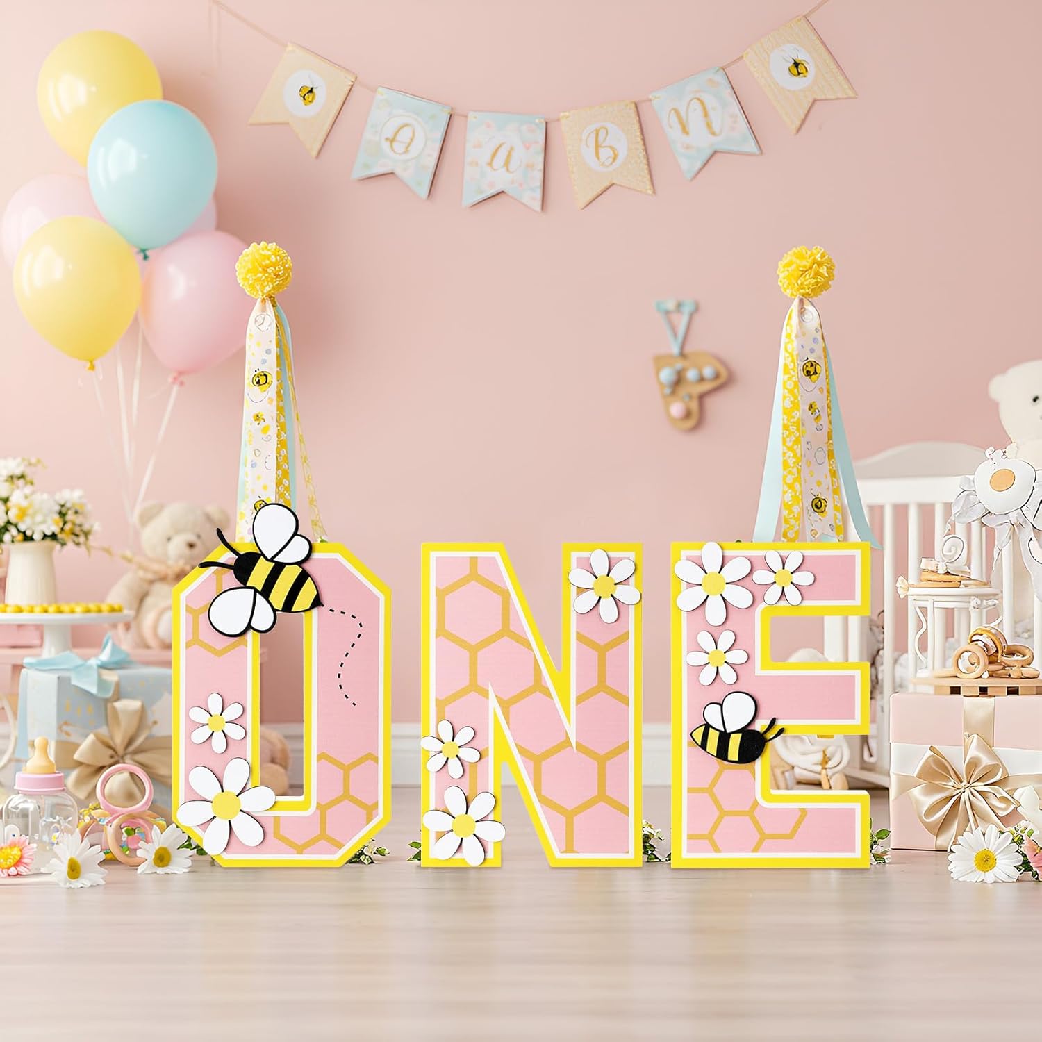 Bucherry Bee Wooden ONE Letter Sign for First Birthday - Cake Smash Prop, Photo Booth Background, Table Centerpiece with Floral Details for Girls Baby Shower Anniversary Decor