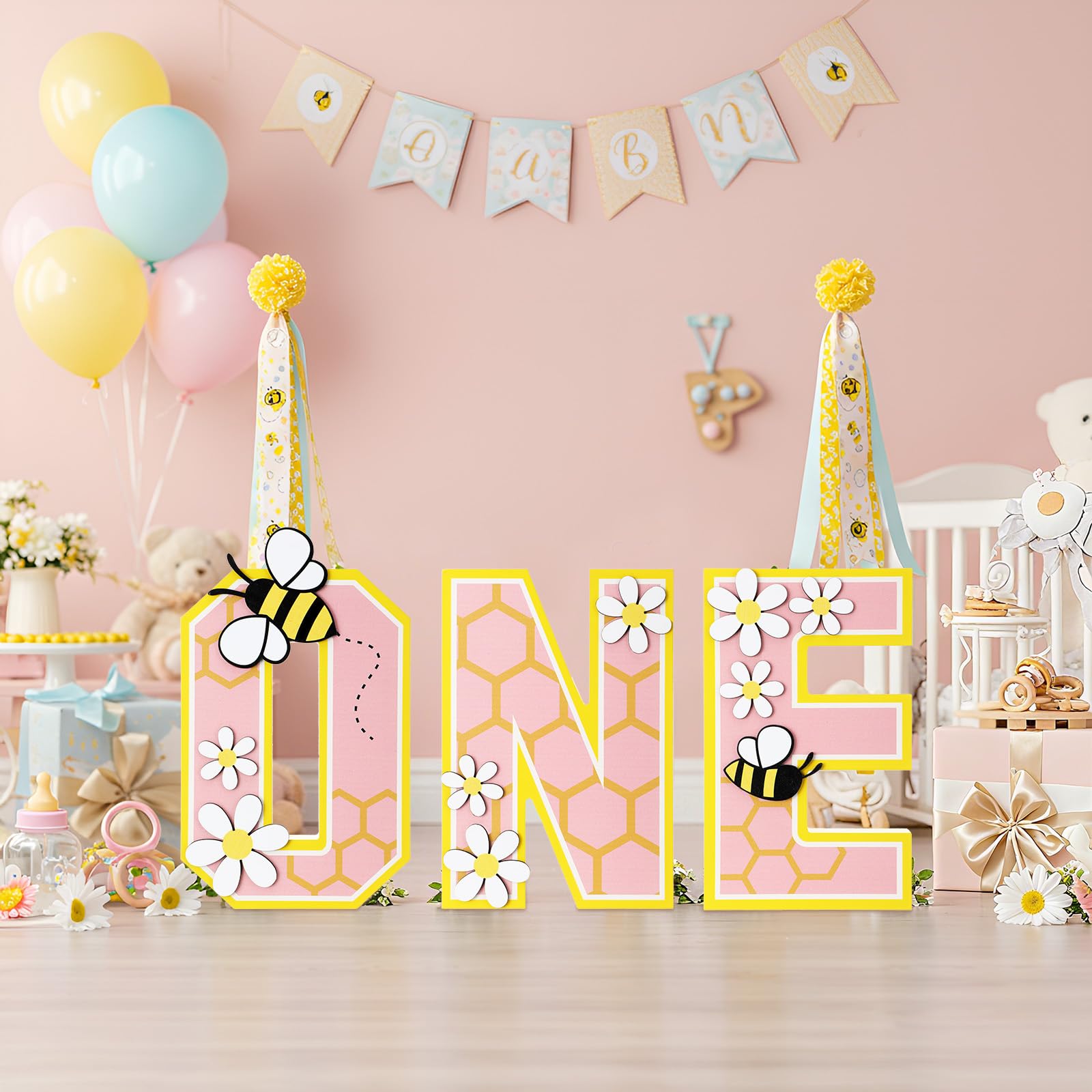 Photo 1 of Bucherry Bee Wooden ONE Letter Sign for First Birthday - Cake Smash Prop, Photo Booth Background, Table Centerpiece with Floral Details for Girls Baby Shower Anniversary Decor