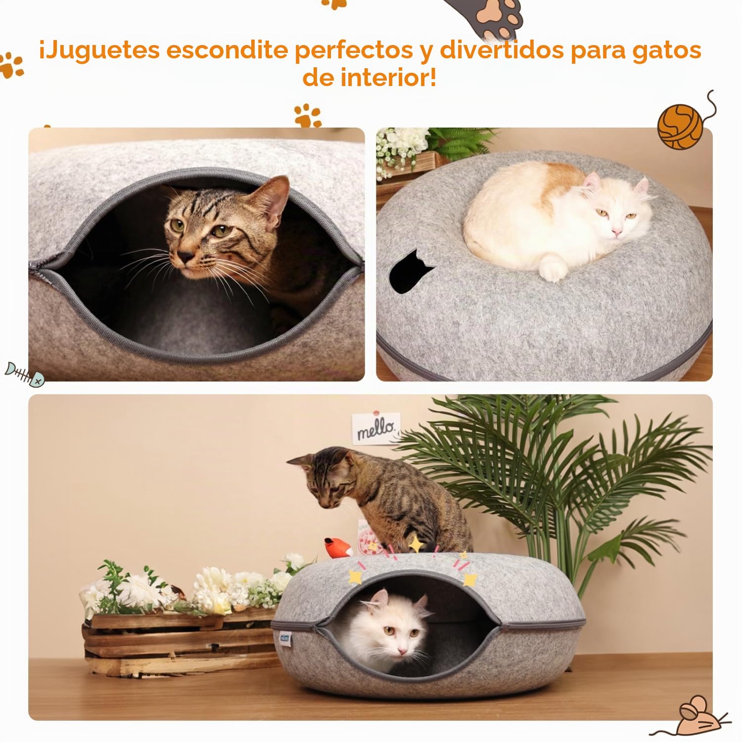 Nobleza Túnel para Gatos de Fieltro, Cama para Gato Extraíble con Cremallera, Casa para Gatos Interior, Apta para Gatos Medianos y Grandes de hasta 13 kg, 60×60×26cm, Gris