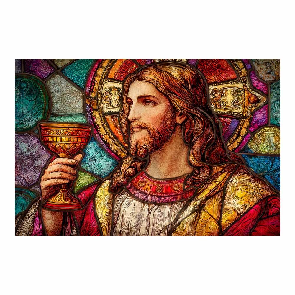 HUYEEI Jesus Christ Classic Painting Style Cup withs s colorful window Religious Figure Wall Art Print,Room Decor for living room, bedroom, church, hospital(multicolored172)-20x30cm Unframed