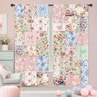 Riyidecor Boho Pink Floral Curtains Vintage Patchwork Cute Bohemian Flow...