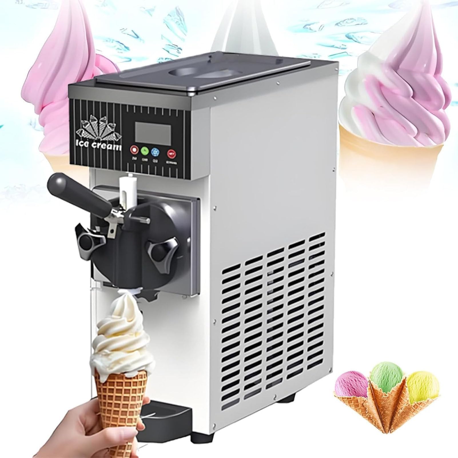 PioMue Soft Serve Ice Cream Maker Machine, Commercial 4-5kg/H Capacity with LCD Panel and Automatic Cleaning, Ideal for Snack Bars,Yogurt, Coffee CreamWhite