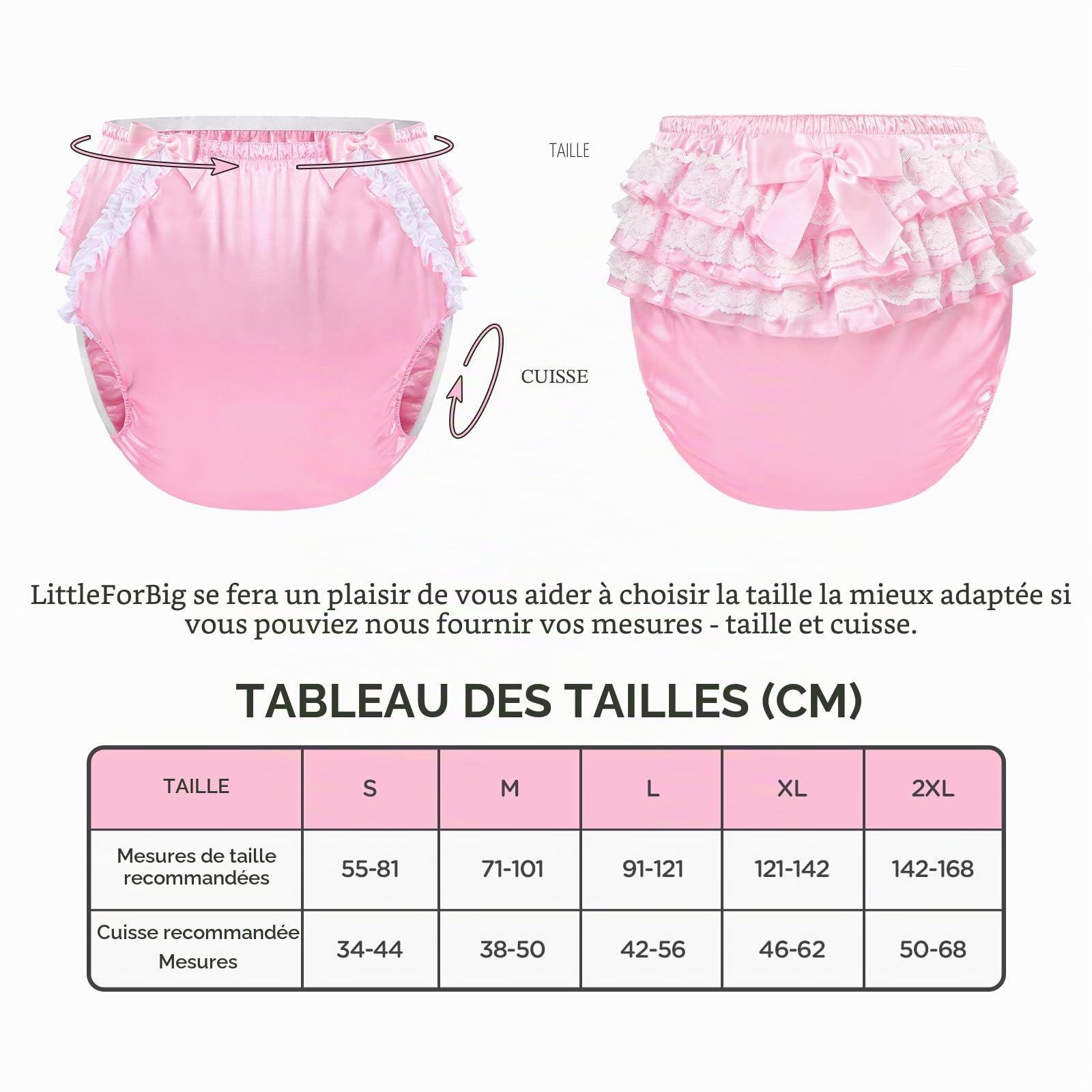 LittleForBig Lavable, réutilisable, imperméable, avec nœud en dentelle froncée, joli satin rose, couverture de couche pour adulte XL