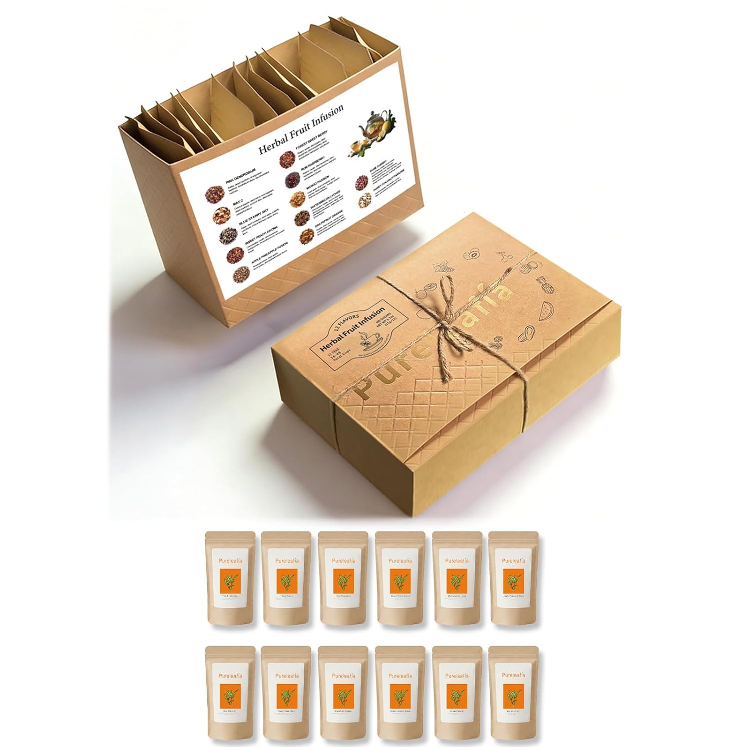 Pureleafia 12-Flavor Edible Herbal Fruit Infusion Gift Box, 15g x 12 Large Pouches, 100% Caffeine-Free & No Tea Base, Cold Brew & Hot Steep, One Pack Makes 2L, Natural & Healthy Summer Hydrator for Kids & Family