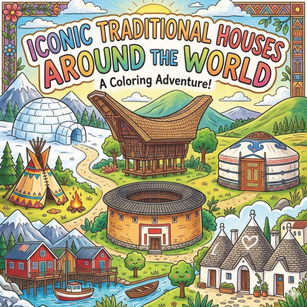 Iconic Traditional Houses Around the World: A Fun Educational Geography Coloring Book for Kids, Featuring Traditional Houses, World Cultures, and Global Homes