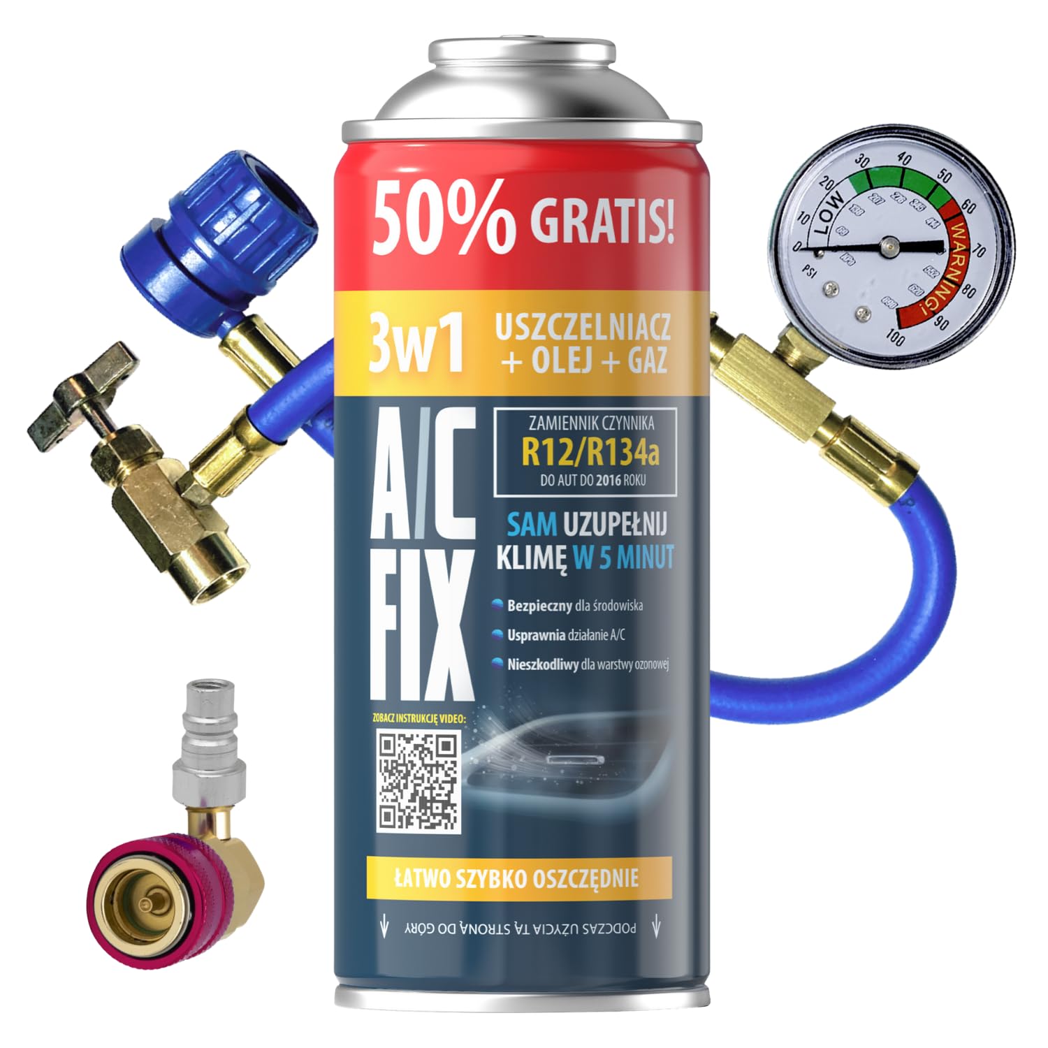 Sostituzione per Gas R134a 3 in 1 1 x 235 g + Tubo e Adattatore per Aria condizionata Auto 1995-2016 - Refrigeratore per climatizzatore automobilistico - Gas per climatizzatore Auto
