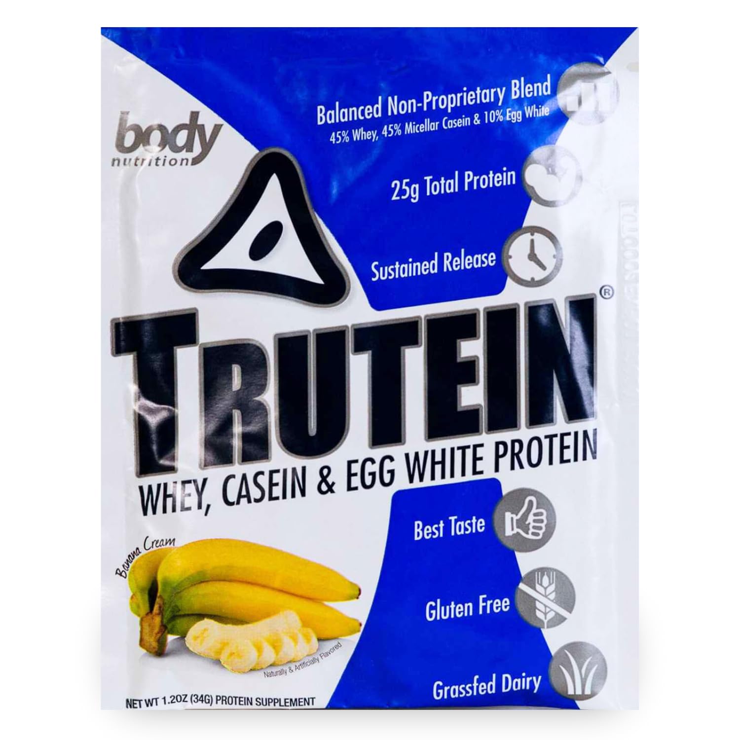 Body Nutrition Trutein High Protein Powder: 45% Whey, 45% Casein, 10% Egg White, Gluten-Free, Low Sodium, Grass Fed Whey Protein Powder, Gym Supplement & Breakfast Shake, Banana Cream, 34g Sample