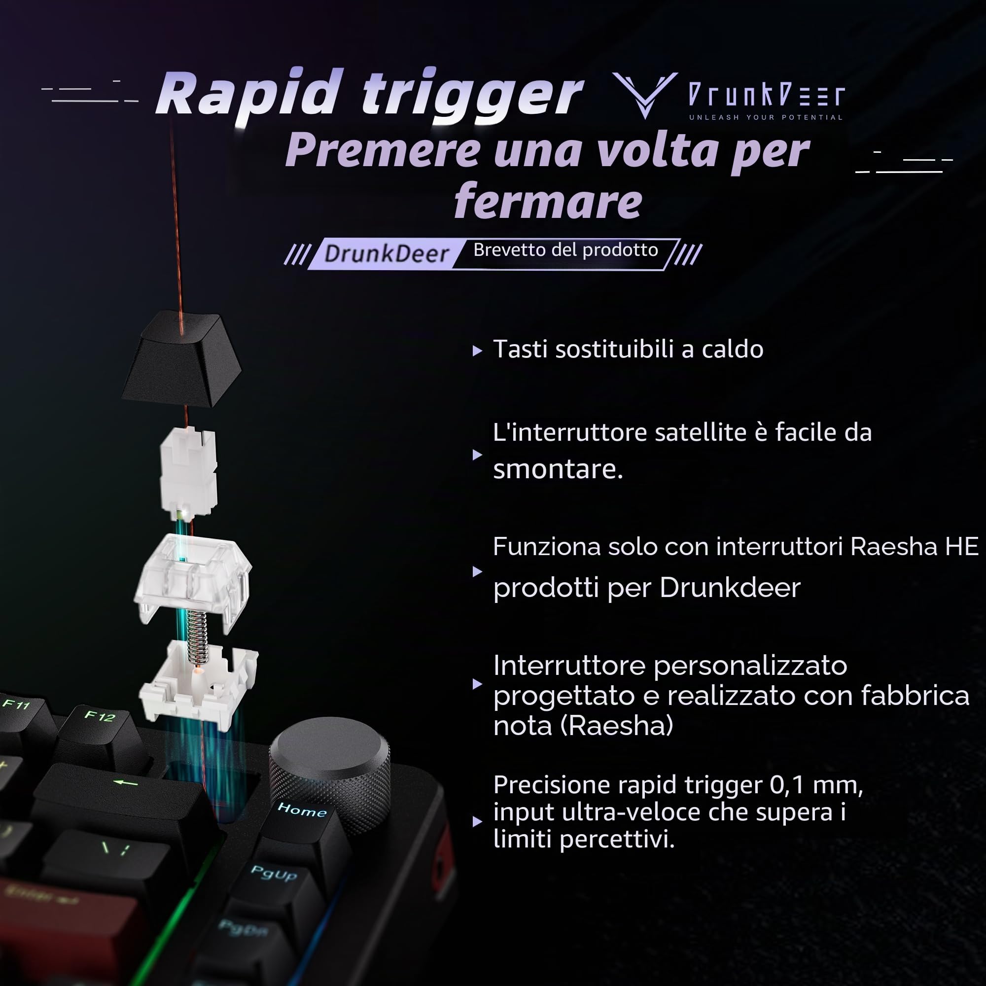 DrunkDeer A75 Pro Tastiera con interruttore magnetico a scatto rapido Tastiera da gioco meccanica Interruttore Hall di azionamento regolabile PBT Keycap RGB Compact TKL 82 tasti USB cablato con