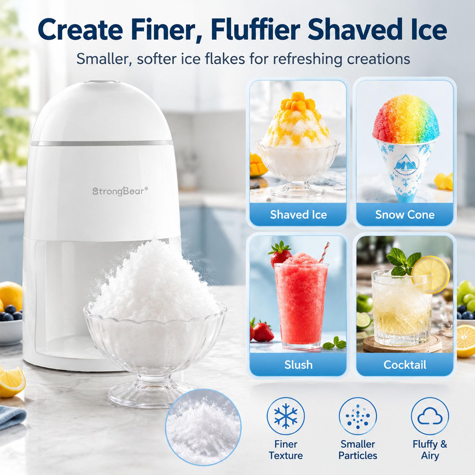 StrongBear elektrischer Eisrasierer mit Schneekegel, inklusive 2 Kunststoffbecher, 1 Glasbecher, 1 Matte