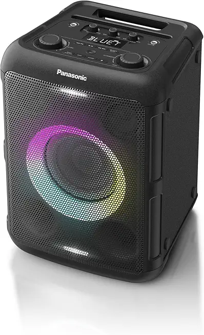Panasonic SC-BMAX5E-K Tragbarer Party-Lautsprecher mit Bluetooth, integrierter Beleuchtung, 75 W, USB, optischem Eingang für TV, Gitarren- und Mikrofoneingängen für Karaoke, Schwarz