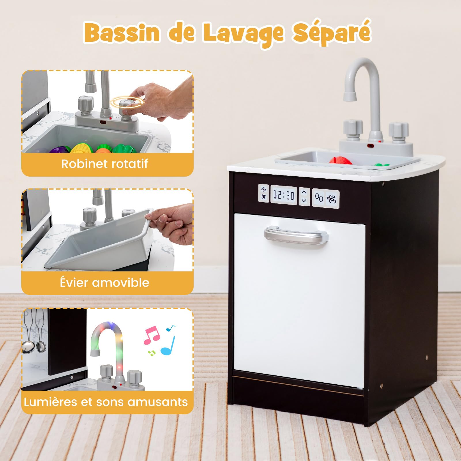 COSTWAY Cuisine d’Angle Enfants avec 16 Accessoires & Son & Lumière, Jeu de Cuisine Enfants avec Machine à Glaçon & Lave-Vaisselle Séparé, Tableau Noir pour 3 Ans+(Noir)