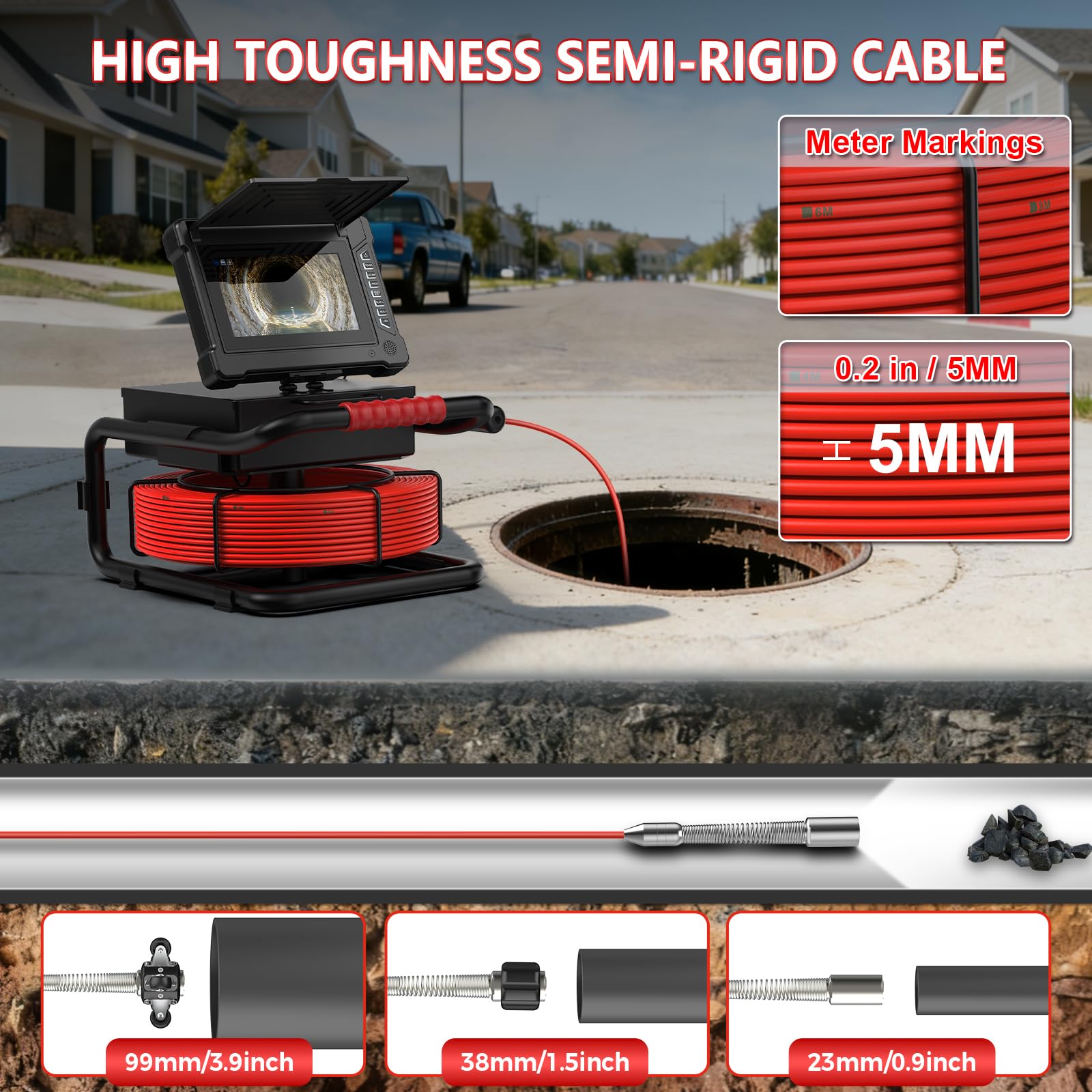Cámara de alcantarillado de 100 pies/30 m, pantalla IPS de 7 pulgadas, cámara endoscópica industrial, función DVR autonivelante con marcador de medidor, tarjeta de 32 GB para tuberías de drenaje