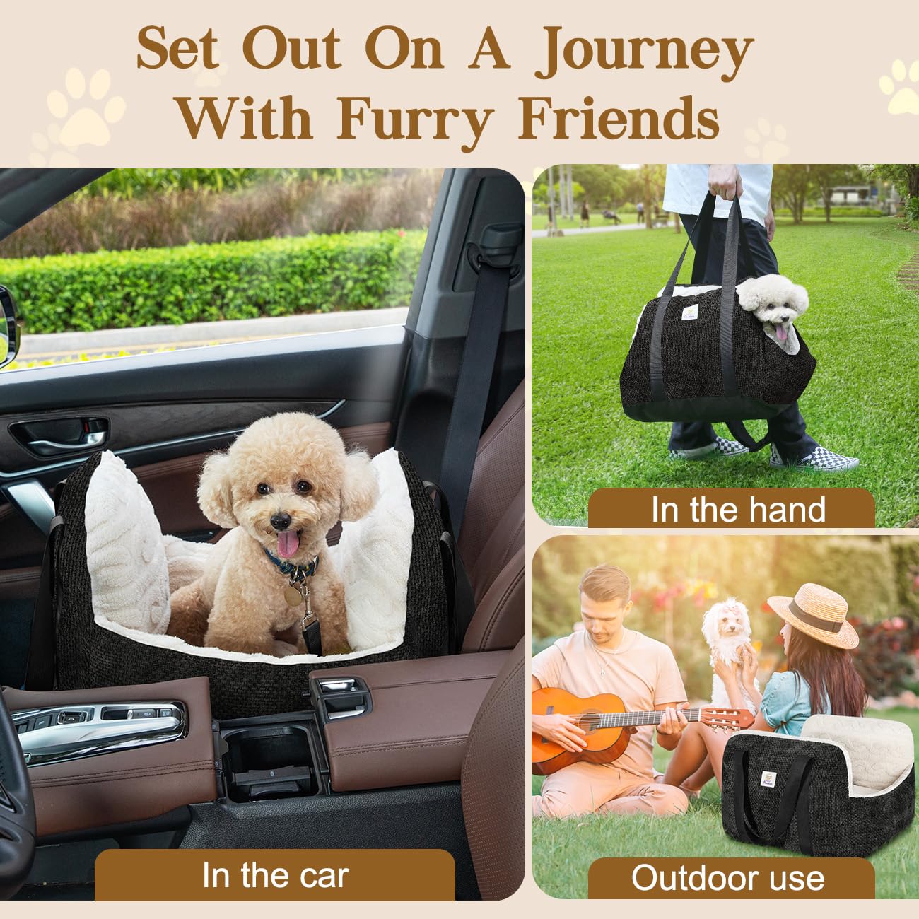 Pawaboo Hund Autositz, Hund Booster Autositz für Klein Hunde, Welpensitz für Auto mit Fest Schnalle und Sicherheitsgurt, Verdickt Hundebett Autositz, Haustier Reise Träger Bett bis zu 25lbs, Schwarz
