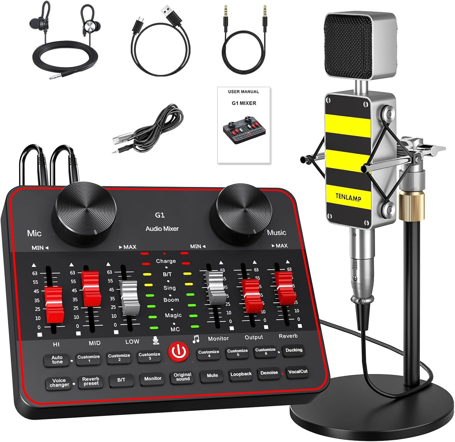 neculogy Podcast Equipment Bundle, Audio Interface with Cardioid Designer BM800 Mic for Gamer and All-in-One DJ Mixer, Perfect for Live Streaming, Singing, YouTube, Gaming