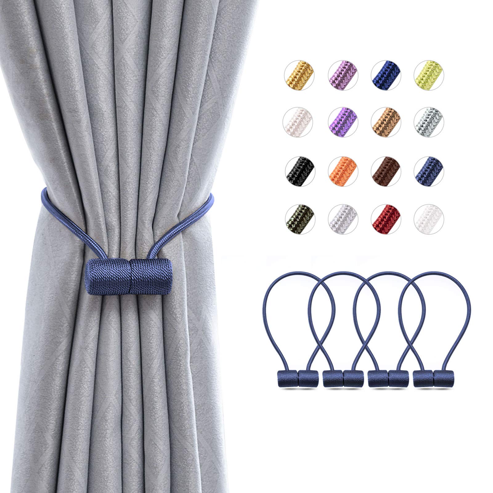 Pretty Jolly Navy 4 Pack Magnetic Curtain Tiebacks 16 Inch Modern Handmade Weave Rope Curtain Holdbacks Convenient Decorative Curtain Drape Tie Backs For Home And Office Window Drapery (Navy)