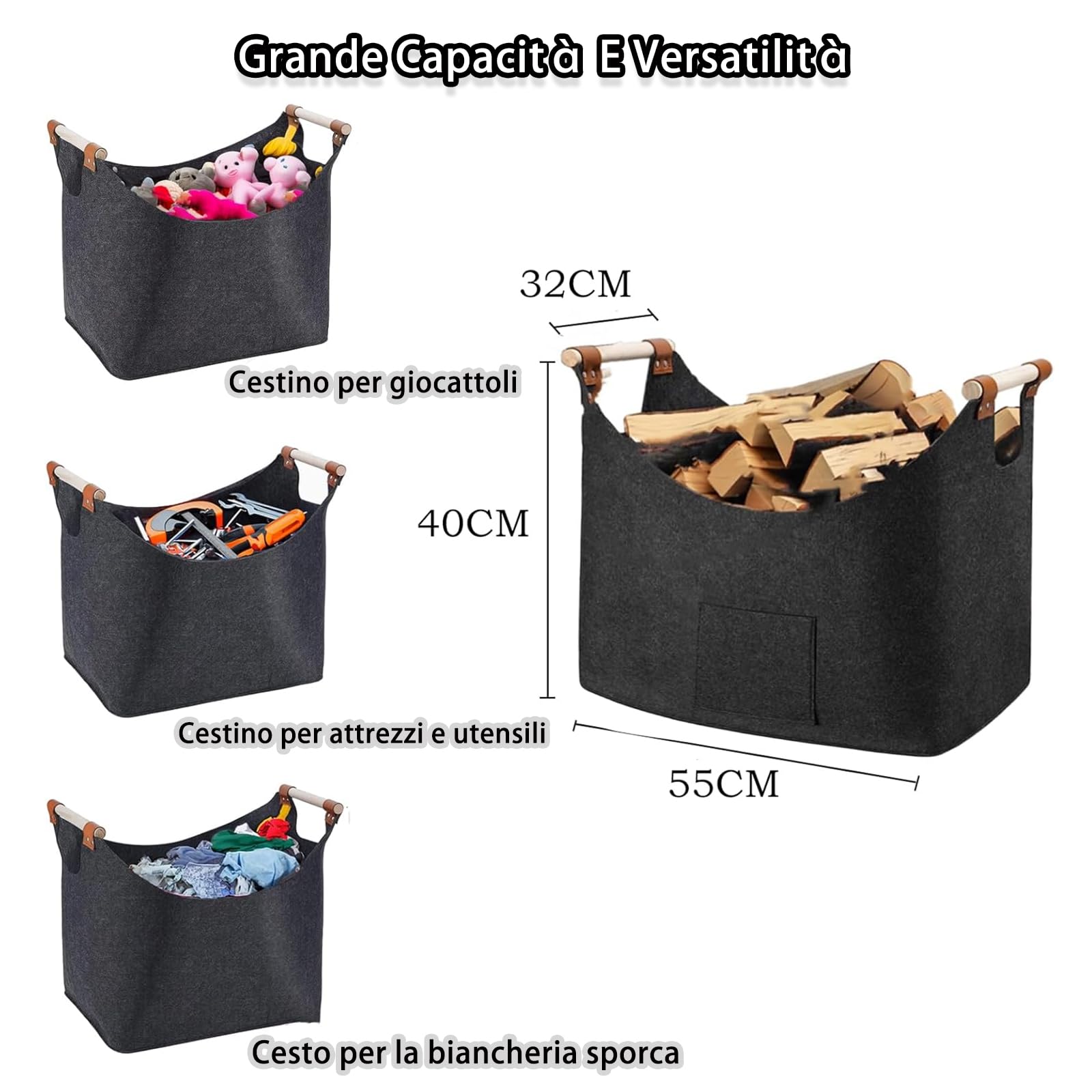 Cesta Portaoggetti XL In Feltro 45x32x40cm – Manici In Legno, Pieghevole, 57L