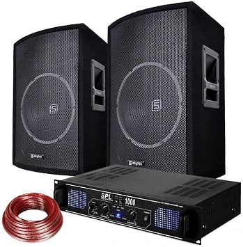SkyTec DJ PA Speaker & Amplifier Set 1000 Watt - 12 Inch Bass Reflex Boxes Pair 2 x 350 Watt with 3-Band EQ RCA & 3.5 mm Line-In 35 mm Tophat Party PA System Complete Set Black