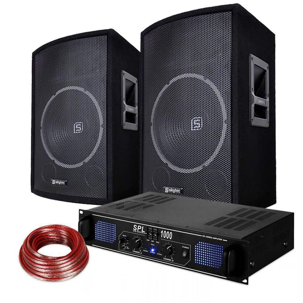 SkyTec DJ PA Lautsprecher & Verstärker Set 1000 Watt – 12″ Bassreflex Boxen Paar, 2 x 350 Watt mit 3-Band EQ, RCA & 3,5 mm Line-In, 35 mm Tophat, Party PA Anlage Komplettset Schwarz