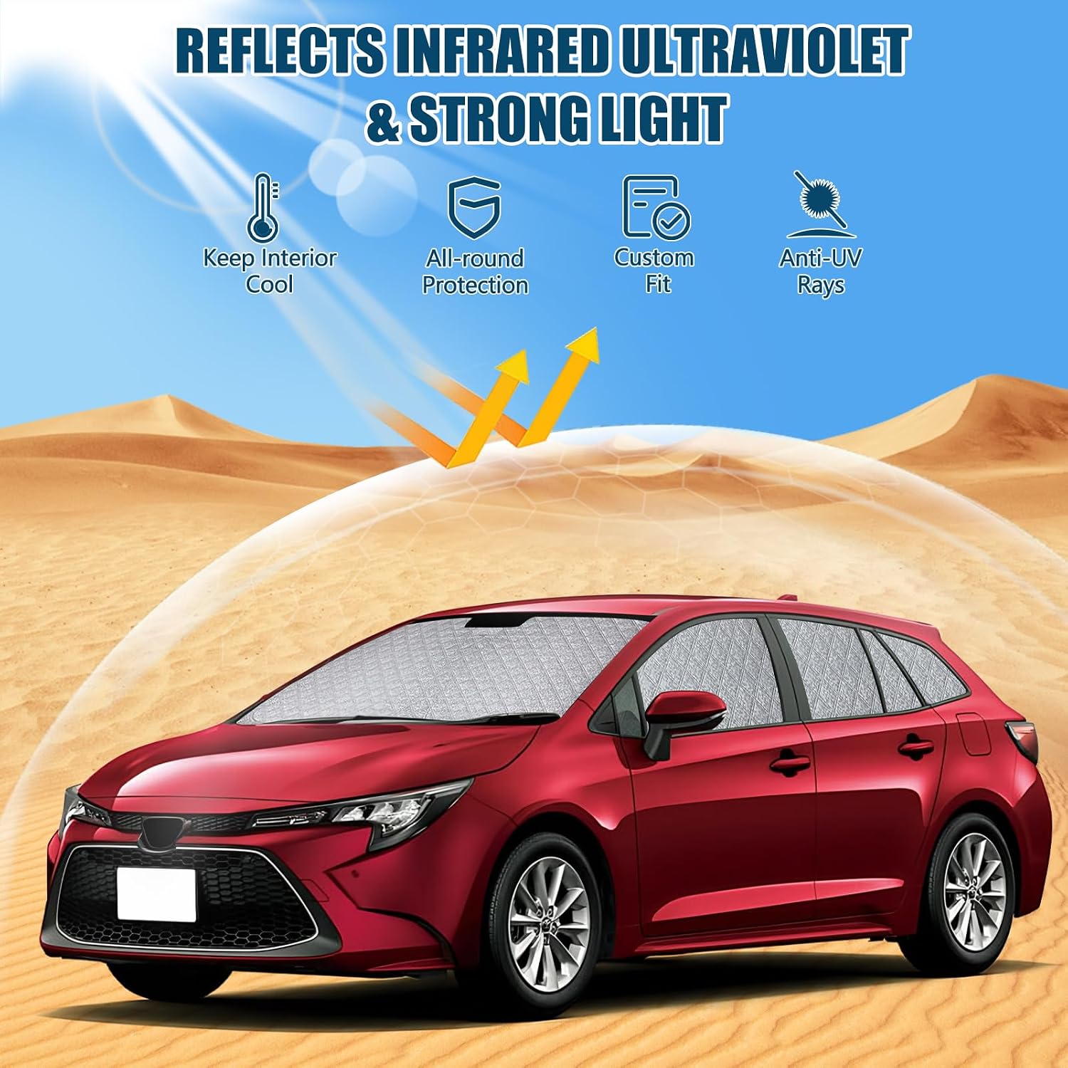 Windshield Sun Shade Custom Fit for Toyota Corolla 2020-2025, 6 Set Foldable Sunshade Side Rear Window Full Shade Cover Privacy Protection Keeps Car Cool